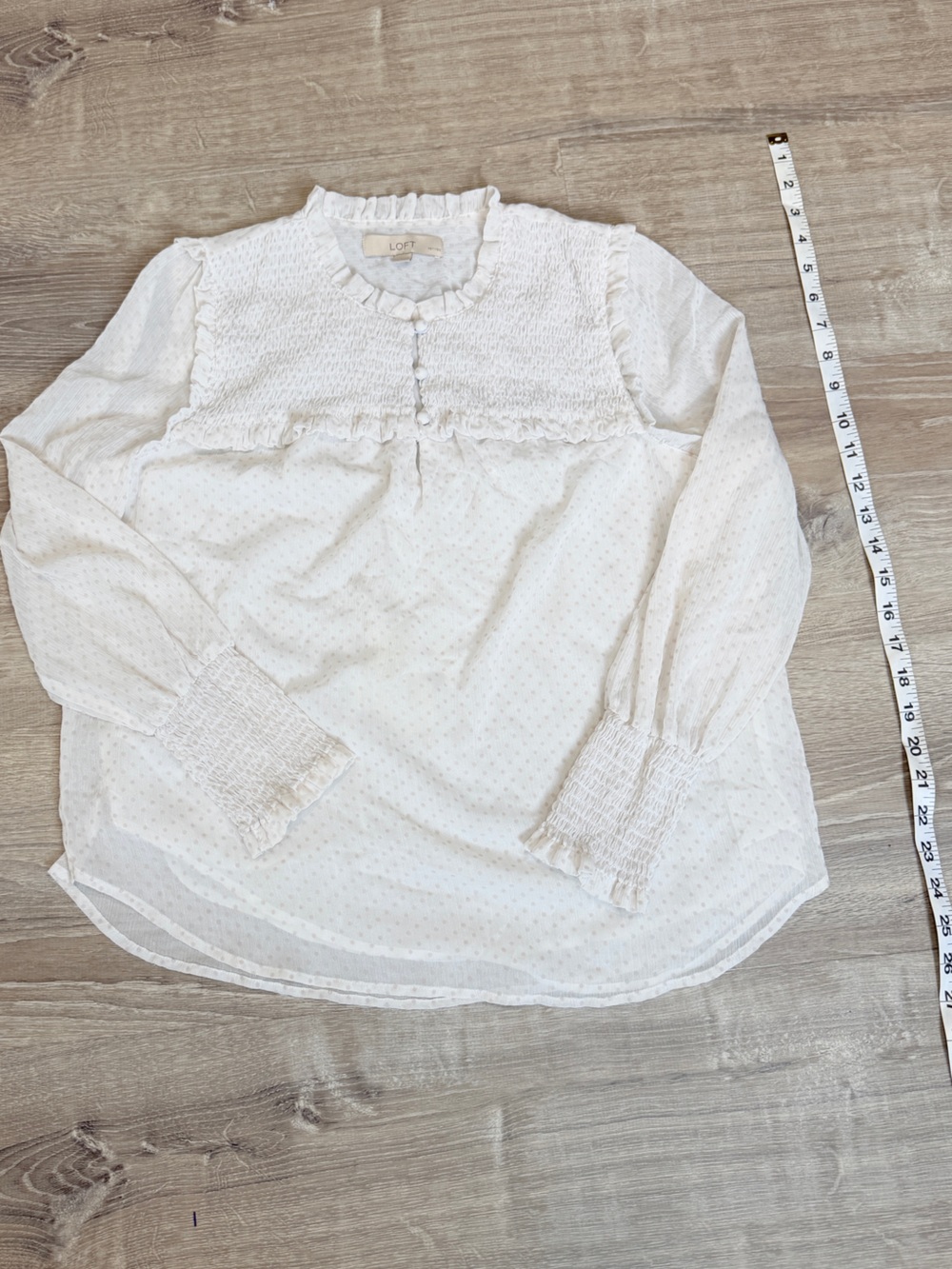 Medium Petite LOFT White long sleeve blouse with ruffle details